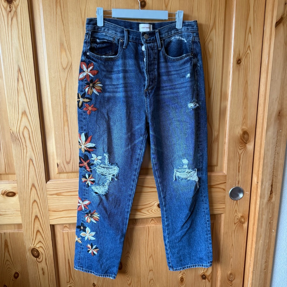 Driftwood Jordie Floral Embroidered Jeans 28 x 27 High Rise Straight Leg Boho - Picture 2 of 16